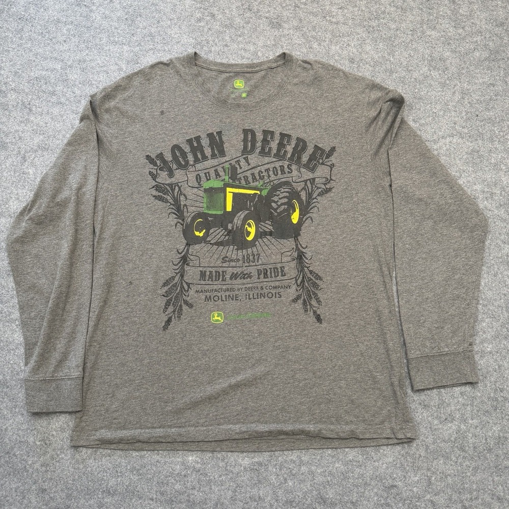 John Deere Mens Adult Gray Shirt, Graphic Print, Moline IL, Size: XL Long Sleeve